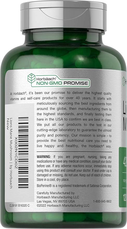 Horbäach Lions Mane Mushroom Extract | 120 Capsules | Vegetarian, Non-GMO, Gluten Free Supplement