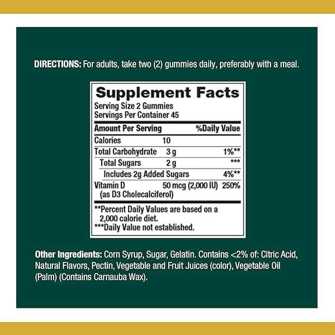 Nature's Bounty Vitamin D3 Gummies, Vitamin Supplement, Supports Immune Health, 50mcg, 2000IU, Mixed Fruit Flavor, 90 Gummies (Pack of 2)