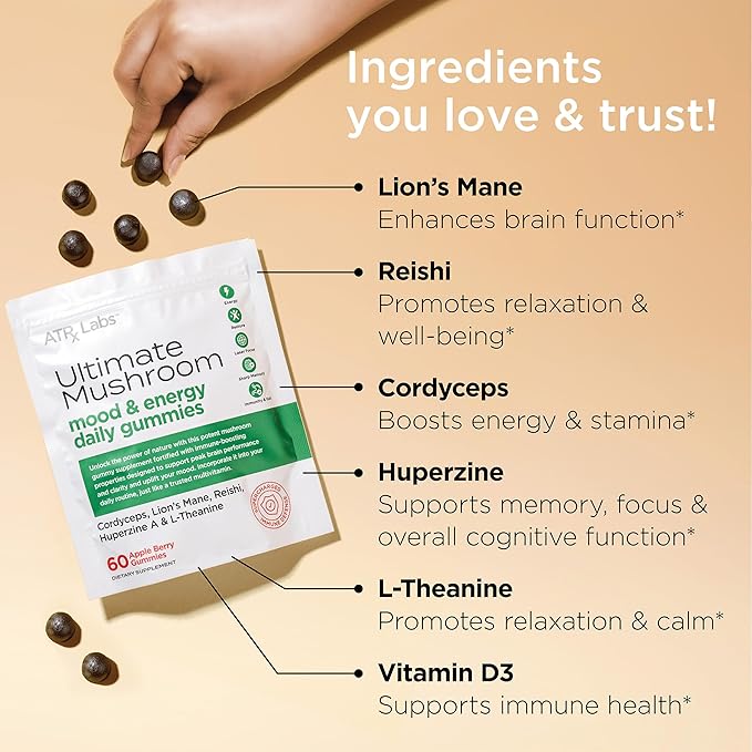 Ultimate Mushroom Daily Gummies - Mushroom Gummies with Cordyceps, Lion’s Mane, and Reishi, Plus Huperzine A & L-Theanine, May Improve Mood and Energy, Apple Berry Flavor, 60 Count