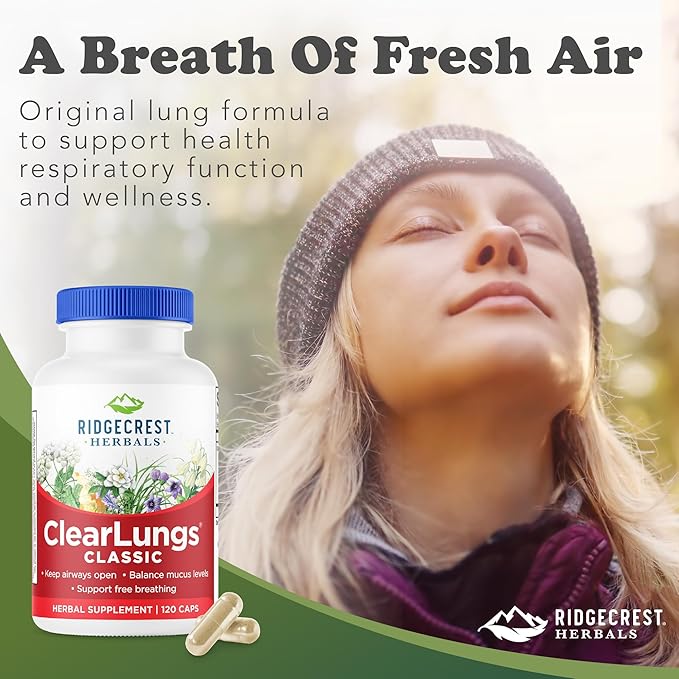 RidgeCrest Herbals ClearLungs Classic, Daily Health Supplement, Natural Lung and Nasal Wellness Formula for Bronchial, Respiratory, Immune, Sinus, and Mucus Support (120 Vegan Caps, 60 Serv)