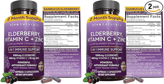 Viva Naturals Elderberry with Vitamin C and Zinc for Adults - 5 in 1 Sambucus Black Elderberry Capsules with Vitamin D3 5000 IU Immunity Supplement, Sambucus Elderberry Immune Support Supplement