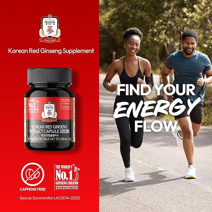 Korean Red Ginseng Extract Capsule Plus - All-in-One Vegan Supplements - Energy Boost & Immune Support, Caffeine Free & Non-GMO (600mg, 30 Capsules)