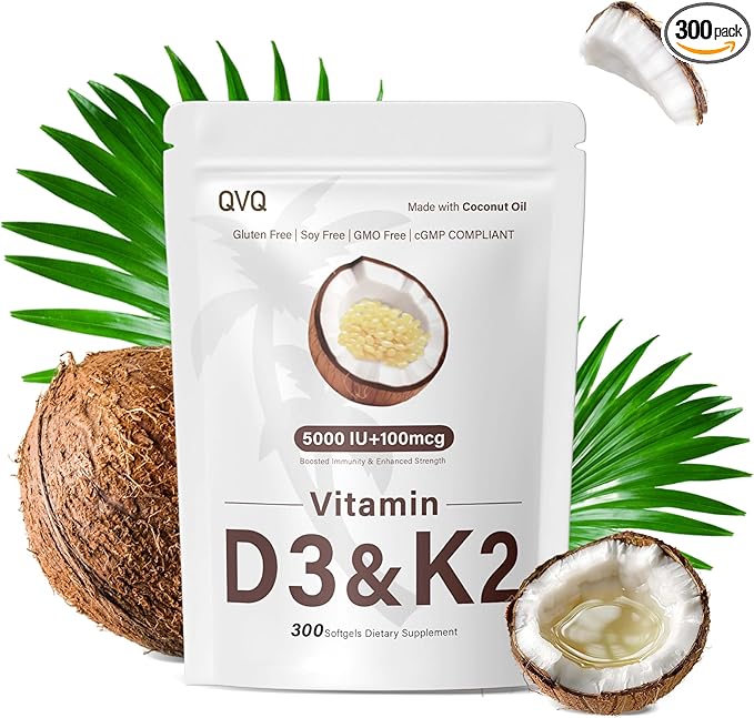 300 Pcs Vitamin D3 K2 5000 IU + 100mcg, Coconut Oil, Gluten-Free, Non-GMO, Soy Free