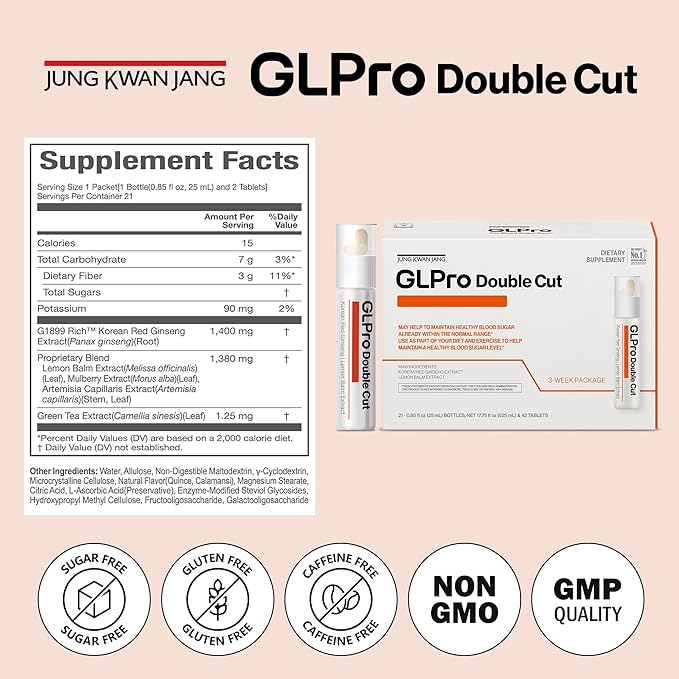 JUNG KWAN JANG GLPro-Double Cut - Pre & Post Workout Booster, GLP-1 Support for Men and Women - Korean Red Ginseng & Prebiotics (21 Count:1 Vial of Liquid + 2 Tablets)