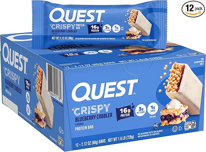 Quest Nutrition Crispy Blueberry Cobbler Hero Protein Bar, 16g Protein, 1g Sugar, 3g Net Carb, Gluten Free Protein Snack, Keto Friendly, 12 Count