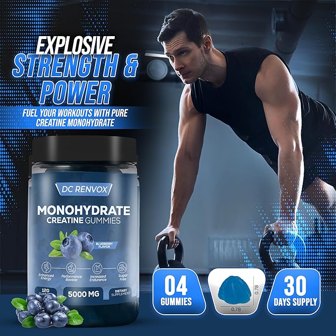 Creatine Monohydrate Gummies 5000 MG for Men & Women, Pre Workout gummys, Creatine Monohydrate for Muscle Growth, Strength & Energy Support , Flavored, 120 count Chewable Gummies, Blueberry Flavor