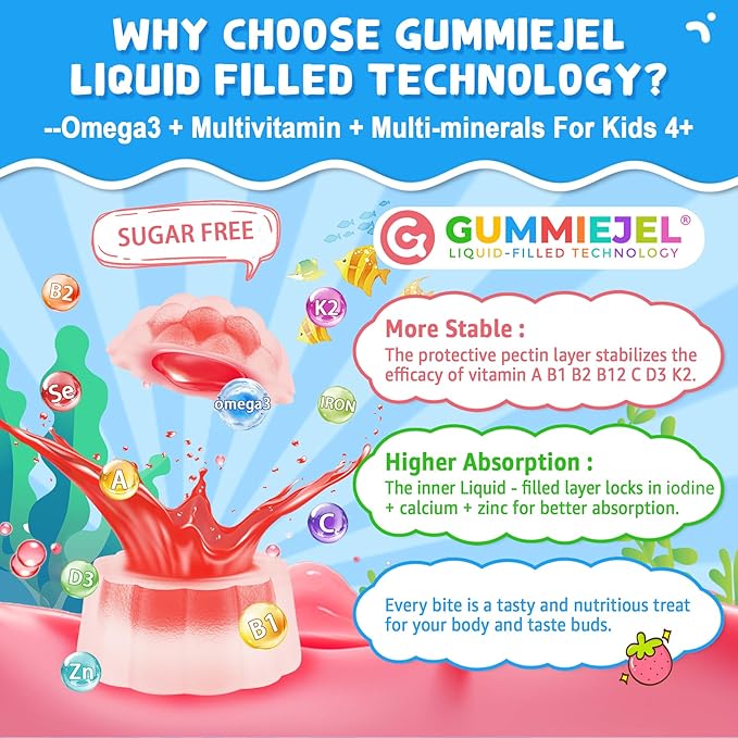 Nextdia Omega 3 (EPA/DHA) Filled Gummies for Kids with Multivitamin, Calcium + D3 + K2 + Zinc, Plus Vitamin A B1 B2 B12 C, Selenium, Iodine for Brain, Eye, Bone, Energy, No Fish Taste, 2 Pack