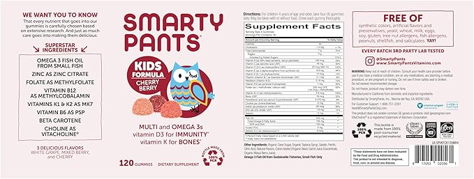 SmartyPants Kids Multivitamin Gummies: Omega 3 Fish Oil (EPA/DHA), Beta Carotene, Vitamin B12, B6, A, K & Zinc for Immune Support, Biotin, Grape, Cherry & Berry Flavors, 120 Count (30 Day Supply)