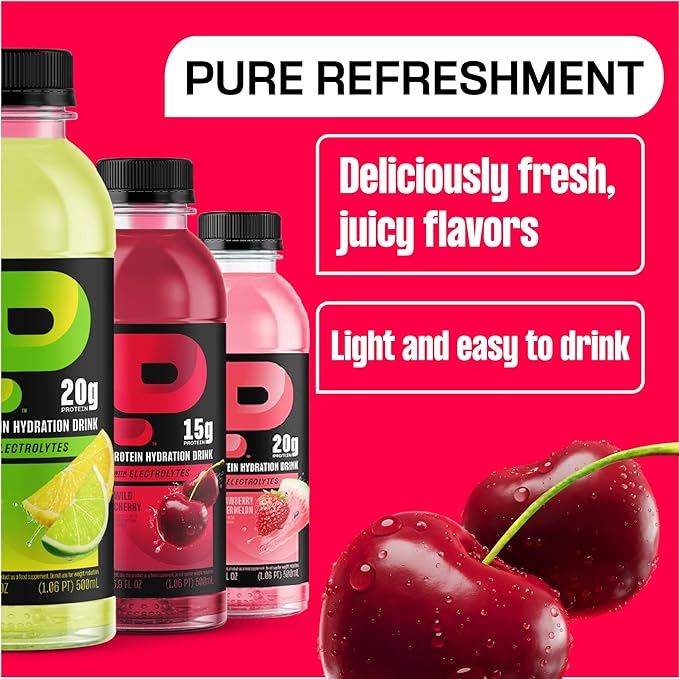 Protein2o Hydration Drink - 2-in-1 Liquid Clear Whey Protein Isolate and Electrolyte Drink - 15g Protein,Vitamins B5,B6 - Post-Workout Recovery - 16.9 Fl Oz - Wild Cherry,(Pack of 24)