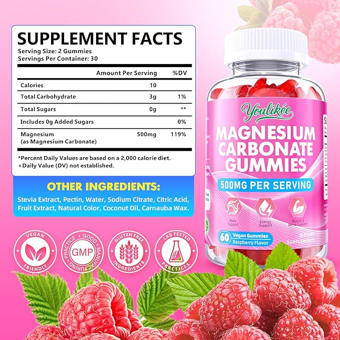 Magnesium Carbonate 500mg Gummies, High Absorption Magnesium Supplement for Adults - Support Muscle Function, Vegan, Sugar Free, Raspberry Flavor, 60 Count