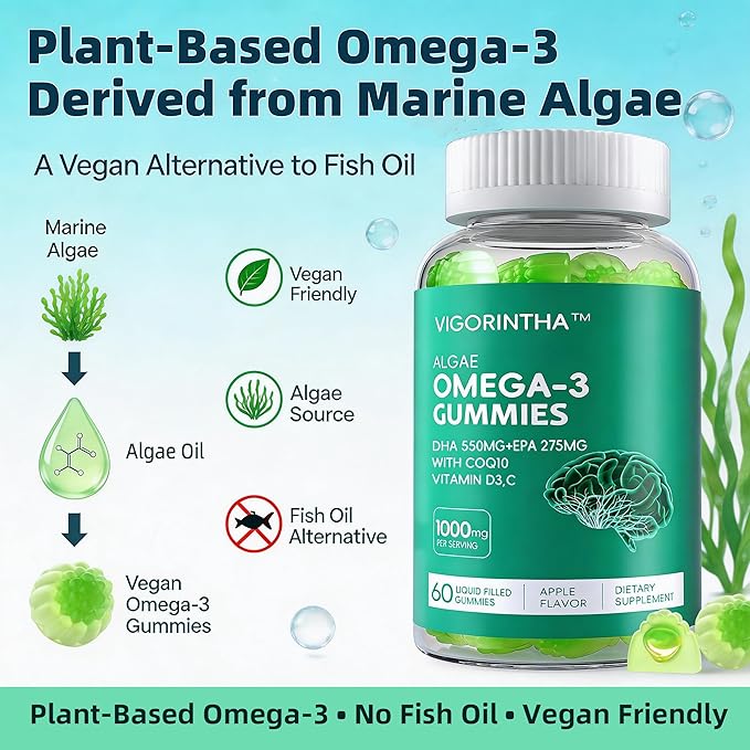 Vegan Omega 3 Gummies 1000mg with Coq 10, Vitamin D3,E,C,Omega 3 Fish Oil Alternative for Adults, Plant Based DHA 550mg & EPA 275mg for Brain, Mobility, Eye, Sugar Free, 60 Count