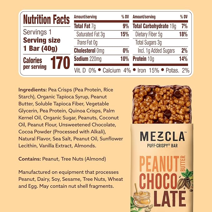 Mezcla Puff-Crispy Plant Based Protein Bars - Peanut Butter Chocolate - Healthy Snacks for Adults & Kids - Perfect School, Travel, & Office Snacks - Gluten Free, Vegan, Non GMO, 10g Protein - 12 Count