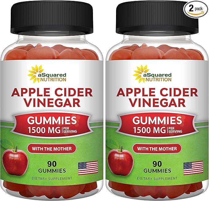 aSquared Nutrition Apple Cider Vinegar Gummies - 1500mg Per Serving - with The Mother - 90 ACV Gummies w/Vitamin B6 & B12, Folic Acid - Vegan Gummy Supplement Alternative to Capsules Pills (Pack of 2)
