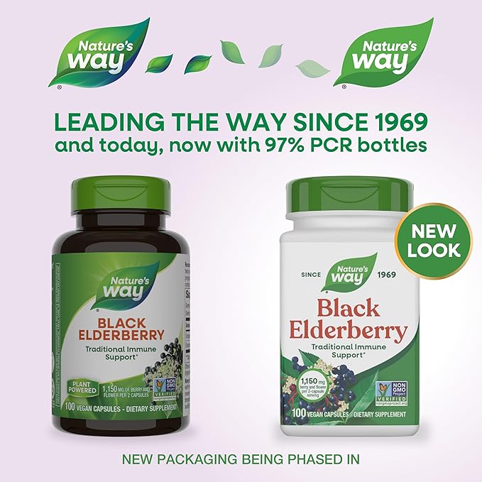 Nature's Way Black Elderberry Capsules, Traditional Immune Support* Supplement with Elderberry and Elderflower, Plant Powered, 100 Capsules (Packaging May Vary)