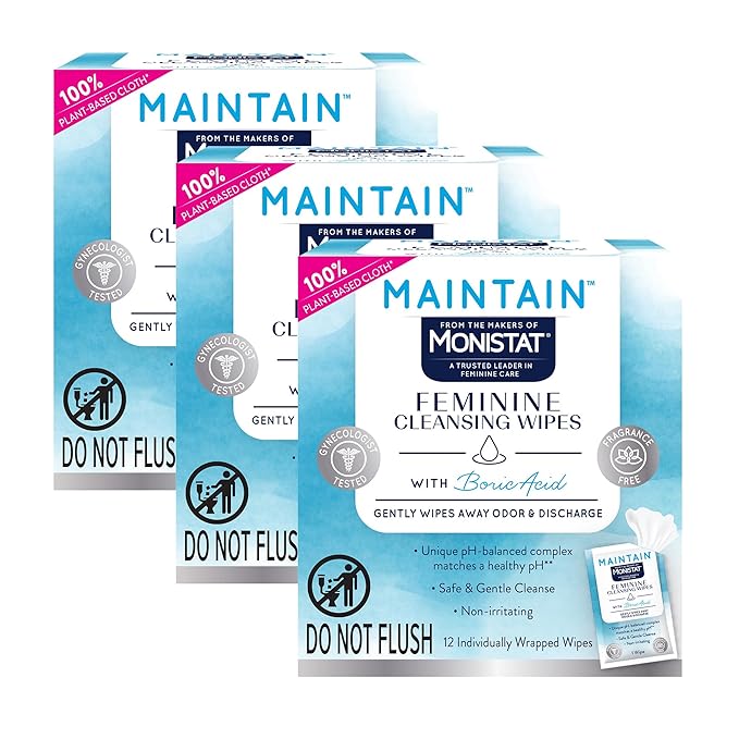 Monistat Maintain Boric Acid Feminine Wipes, Fragrance-Free, Non-Irritating and pH-Balanced Wipes for Women, Individually Wrapped Feminine Care, 12 Count, Pack of 3