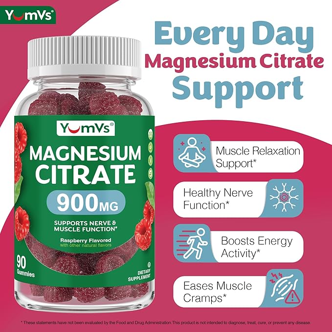 YUM-V'S Magnesium Citrate Gummies – 900mg Highly Absorbable Magnesium Gummies for Women & Men to Support Nerve, Muscle & Enzyme Function – Gluten-Free, Kosher & Raspberry Flavor (90 Count)