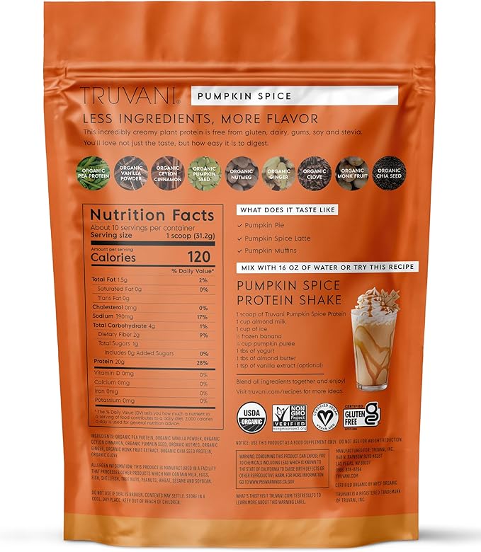 Truvani Vegan Pea Protein Powder | Pumpkin Spice | 20g Organic Plant Based Protein | 10 Servings | Keto | Gluten & Dairy Free | Low Carb | No Added Sugar
