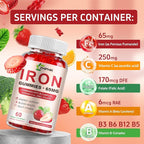 Iron Supplement Gummies, 65mg Iron for Women Men Kids, Natural Vegan Iron Gummy with Folate Gentle on Stomach, Gluten Free, Energy Support & Immune Health, 60 Gummies