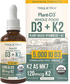 Organic Plant D3 + K2 (5000 iu D3) - All-Trans MK7 from MenaQ7 (120 mcg K2) - 100% Organic & Plant-Based Sublingual D3 Drops (Cholecalciferol), 100% Vegan - Supports Immunity, Bone(1oz)
