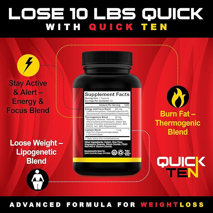 Drop 10 Quick – Diet Pills for Women & Men – Powerful Fat Burner, Appetite Suppressant, Metabolism Booster – Rapid Weight Loss Supplement – 60 Capsules