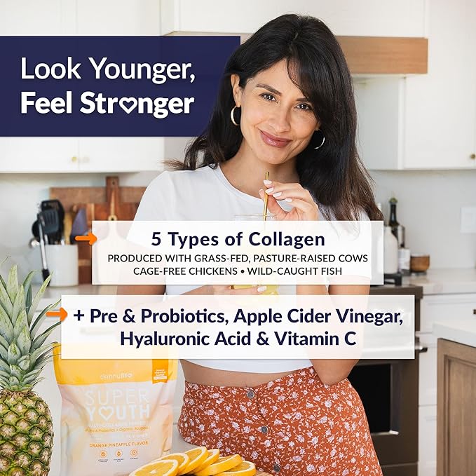 SkinnyFit - Super Youth Collagen for Women - Multi Collagen Peptides Powder - Probiotics, Fiber, Hyaluronic Acid - Non GMO, Gluten Free, Sugar Free - Beauty - Orange Pineapple (28 Servings)