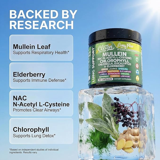 Clean Nutra Mullein Leaf Extract for Lungs Cleanse NAC Supplement Chlorophyll Chlorella Elderberry | Lung Detox for Smokers | Ginger Licorice Astragalus Oregano Turmeric Respiratory Support Capsules