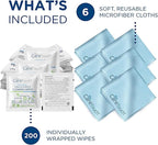 Care Touch Lens Cleaning Wipes with Microfiber Cloths - 200 Lens Wipes for Eyeglasses & 6 Microfiber Cloths - Glasses, Camera Lenses, Screens, Eye Glasses Cleaner for Cleaning Eyeglasses