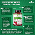 Zazzee D-Mannose, 1000 mg per Serving, 240 Vegan Capsules, 4 Month Supply, Potent & Fast-Acting, Certified Kosher, 100% Pure, All-Natural Urinary Tract Health Support, 100% Vegetarian, Non-GMO
