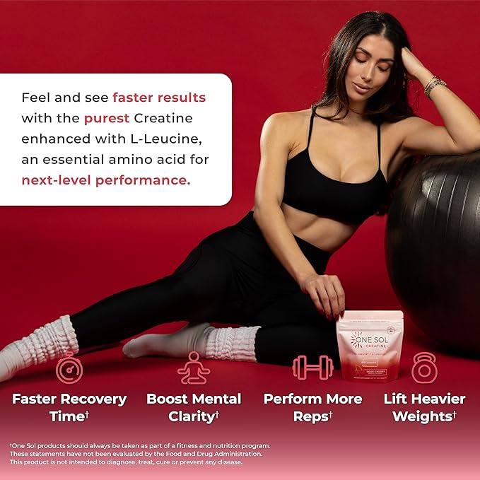 One Sol Creatine for Women, All Natural Women’s Creatine Powder w Creapure & Leucine, Increase Lean Muscle Mass, Reduce Recovery Time, Promotes Brain & Bone Health (Sour Cherry, 60 Servings)