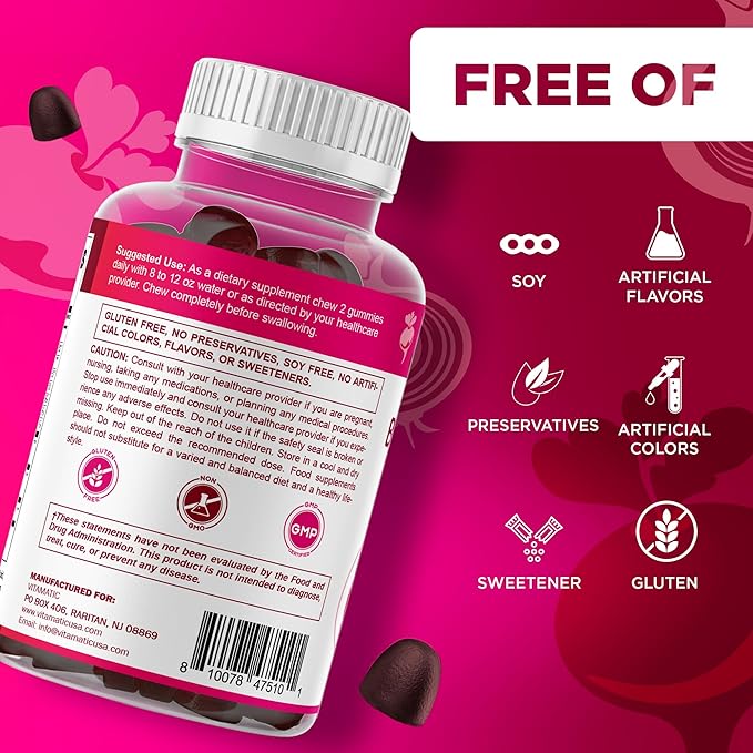 Vitamatic Beet Root Gummies with B6, B12, Grape Seed, Pomegranate & Nicotinamide – Plant-Based Extract – Vegan, Non-GMO – Botanical Supplement Gummies – 60 Count