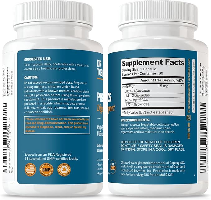 Dr. Tobias Prebiotics Digestive Support, Advanced Prebiotic Supplement for Gut Health, Immune Function & Boost for Probiotics for Women & Men, Vegan, Non-GMO, 60 Capsules, 60 Servings