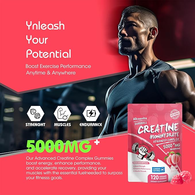 Allcoovita Creatine Monohydrate Gummies 5g for Men & Women. Boost Focus,Strength, and Endurance, Anti-Melting Formula, Vegan, Gluten-Free, Non-GMO,(Peach 120 ct)