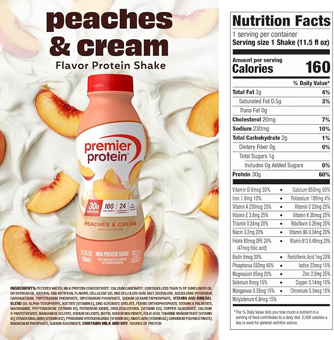 Premier Protein Shake, Peaches & Cream, 30g Protein, No Added Sugar, 24 Vitamins & Minerals to Support Immune Health, 11.5 fl oz, 12 Pack