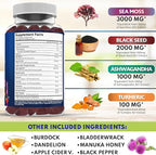 Sea Moss Gummies, Sea Moss, Black Seed, Ashwagandha, Turmeric, Manuka Honey, ACV, Dandelion, Black Pepper, Burdock, Bladderwrack, Vegan - 60 Count
