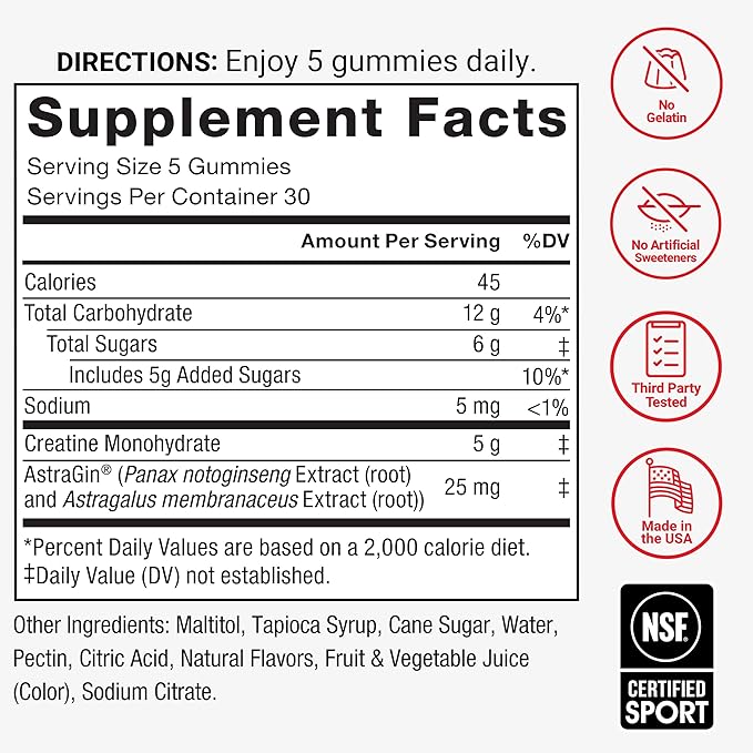 Force Factor Creatine Monohydrate Gummies, NSF Certified, 5g Dose for Men & Women to Support Muscle, Strength, Recovery, Cognitive Health & Memory, Mixed Berry, 150 Gummies