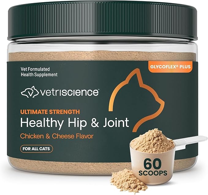 VetriScience Ultimate Strength Healthy Hip & Joint Powder, GlycoFlex Glucosamine, Chondroitin and Green Lipped Mussels Joint Supplement for Cats, Cheese & Chicken, 60 Scoops