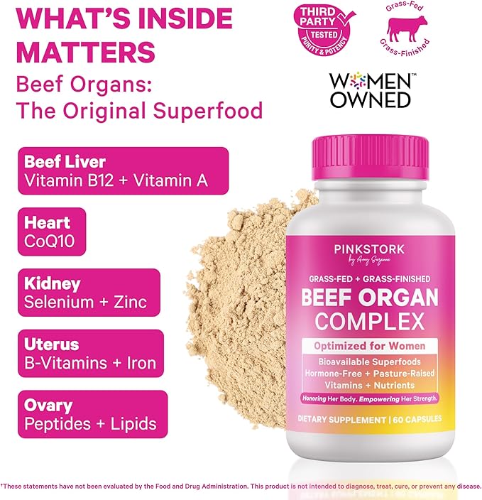 Pink Stork Beef Organ Supplement for Women | Grass-Fed Beef Liver Capsules with Iron, B12, CoQ10, Vitamin A | Primal Multivitamin for Female Hormone + Energy Support | 60 Capsules