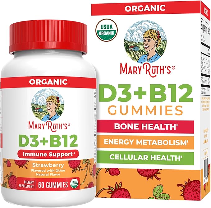 MARYRUTH'S Organic Vitamin D3 + B12 Gummies for Ages 4+ | Bone Health | Immune Support | Energy Metabolism | Cognitive Function | Vegan | Non-GMO | Gluten Free | 60 Servings | 2 Month Supply