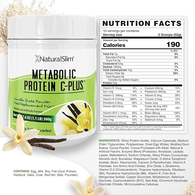 Metabolic Protein C-Plus, Whey Protein Powder & Shake Meal Replacement with Vitamin C, L-Glutamine & Digestive Enzymes, Low Carb Protein Drink, Support Metabolism, Energy & Gut health 1.1 lb, Vanilla