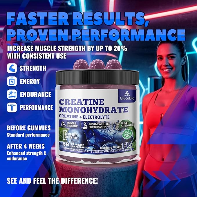 Creatine Monohydrate Gummies (5g) – Pre-Workout Energy & Muscle Growth Support for Men & Women | Blueberry Electrolyte Gummies (135 Count)