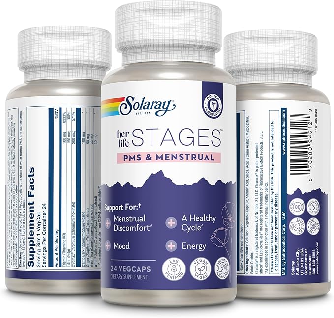 Solaray PMS & Menstrual her life STAGES - PMS Support Supplement for Women with Cramp Bark, Vitex Chasteberry - Made Without Hormones - 60-Day Guarantee - Vegan, Lab Verified - 24 Servings, 24 VegCaps