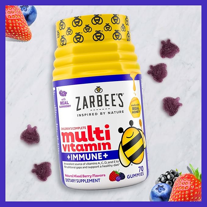 Zarbee's Complete Kids Multivitamin Gummies + Immune Support, Berry Flavor, Honey-Sweetened, Gluten-Free & Gelatin-Free, Vitamins A, C, D3, E, B6, B12, Folic Acid & B-Complex, 70 Count (Pack of 2)