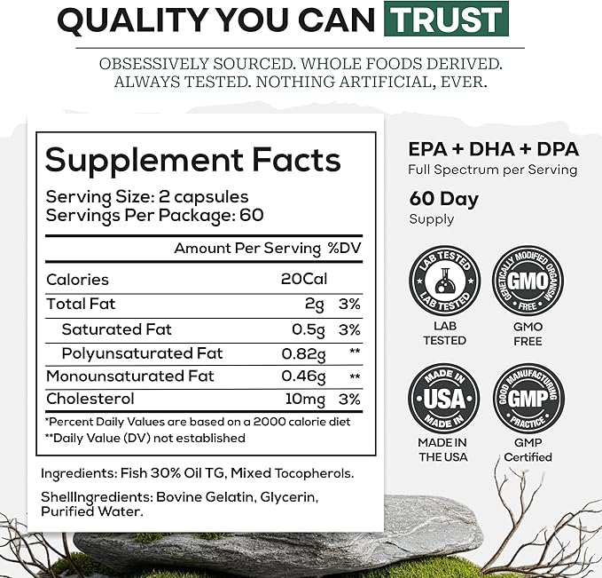 Wild Foods Omega 3 Fish Oil Supplement, 120 Capsules (1 pk) | Wild Caught, Burpless, Odorless, Non-GMO, Gluten Free | DPA, DHA, EPA Triple Strength Heart & Joint Nutrition for Women & Men