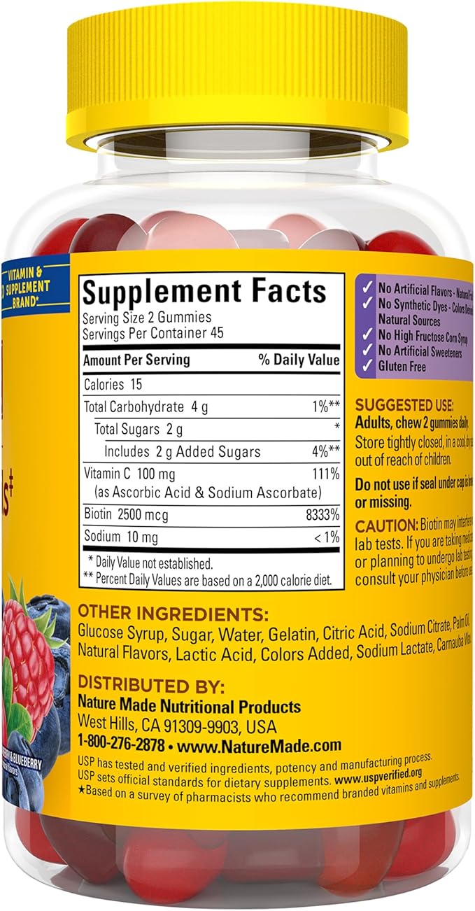 Nature Made Hair Skin and Nails with Biotin 2500 mcg, Dietary Supplement for Healthy Hair, Skin & Nails Support, 90 Gummies, 45 Day Supply