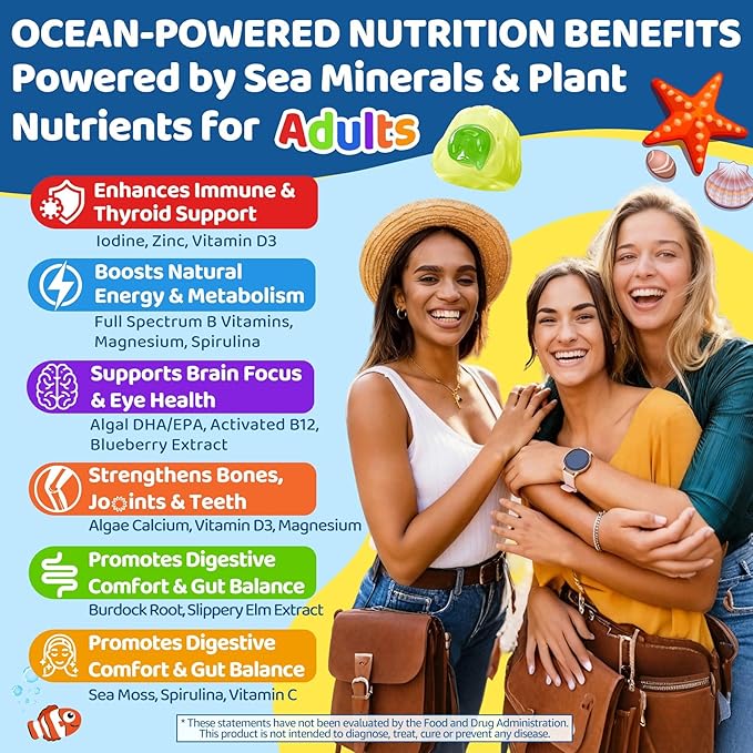 Sea Moss + Elderberry Gummies for Kids & Adults, 19-IN-1 Super Food with Spirulina, Algae Omega 3, Algae Calcium, Ashwagandha, Mushroom, Vitamins D3, C for Immune, Gut, Bone, Energy, Brain,Vegan 60Cts