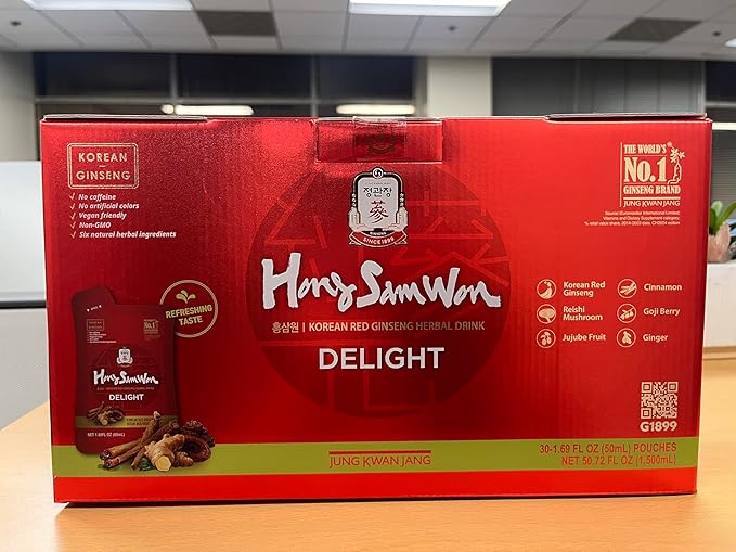 JUNG KWAN JANG Hong Sam Won Delight - Korean Red Ginseng Tea Herbal Energy Drink with Lime, Jujube, Ginger, 3 Vitamins & 9 Amino Acids - No Caffeine, No Calories, No Sugar (30 Pouches, 1.69 fl oz)