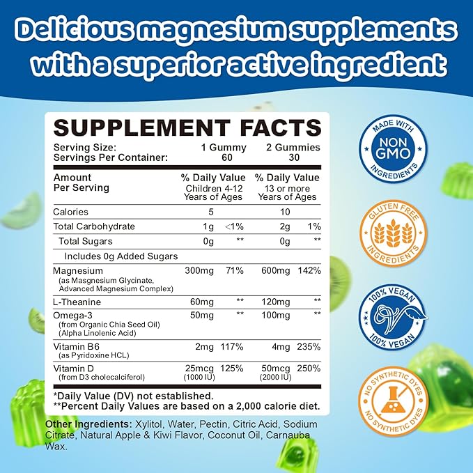 2PCS Center-Filled Magnesium Gummies for Kids 300MG - Magnesium Glycinate Gummies with L-theanine, Omega-3, Vitamin B6, D for Kids & Adults, Supplement for Sleep, Calm & Muscle Relaxation