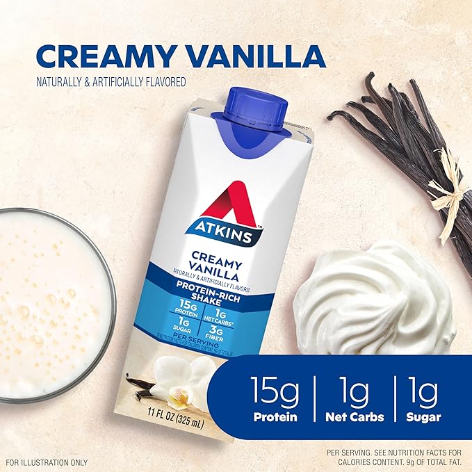 Atkins Creamy Vanilla Protein Shake, 15g Protein, Low Glycemic, 2g Net Carb, 1g Sugar, Keto Friendly, 12 Count (Pack of 2)
