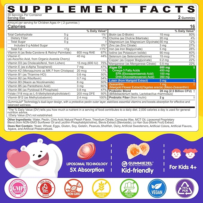 Kids Multivitamin Gummies with Iron, 450mg Algae Omega-3, Methylated B12, Folate, Fiber 2g, Probiotics, Magnesium, A, C, D, K, Zinc, Children Vitamins for Growth, Brain, Eye, Gut, Immune, Sugar Free