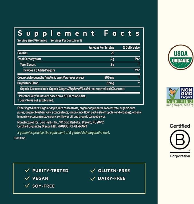 Gaia Herbs Organic Ashwagandha Gummies - Stress Support* - Made with Cinnamon & Ginger - Gluten Free & Vegan - 45 Count (15 Servings)
